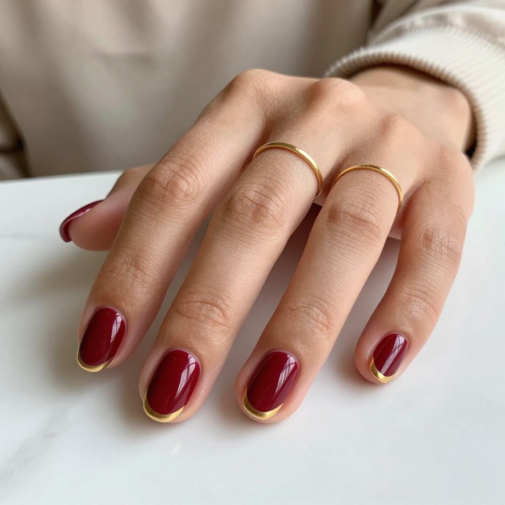Red And Gold Nail Ideas - Wine Red With Gold Half Moon Detail