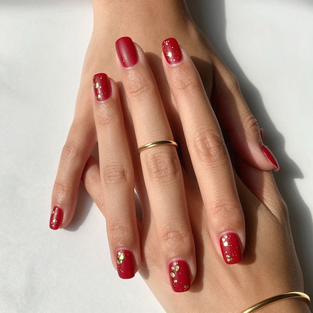 Red And Gold Nail Ideas - Matte Red Nails With Gold Leaf Sprinkles