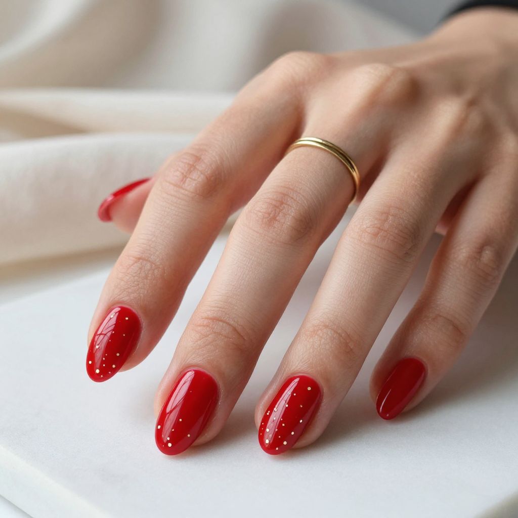 Red And Gold Nail Ideas - Candy Apple Red With Gold Dot Art
