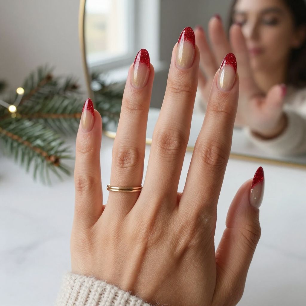 Red And Gold Nail Ideas - Red Glitter Ombré With Gold Base