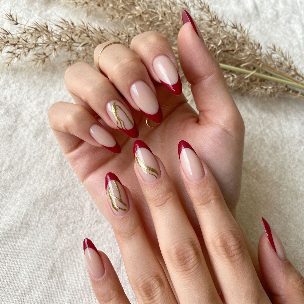 Red And Gold Nail Ideas - Deep Red Tips With Gold Abstract Lines