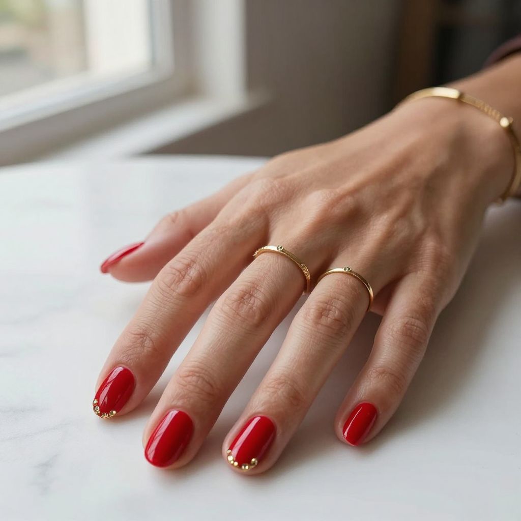 Red And Gold Nail Ideas - Glossy Red Nails With Gold Crystal Accents