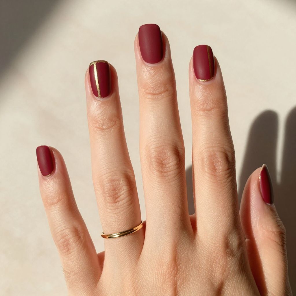Red And Gold Nail Ideas - Burgundy Matte With Gold Stripe Accent