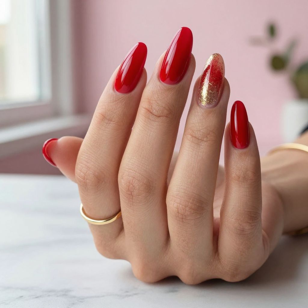 Red And Gold Nail Ideas - Scarlet Nails With Gold Glitter Fade