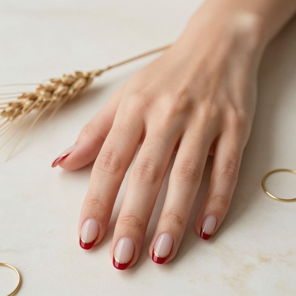 Red And Gold Nail Ideas - Ruby Red French Tips With Gold Edging