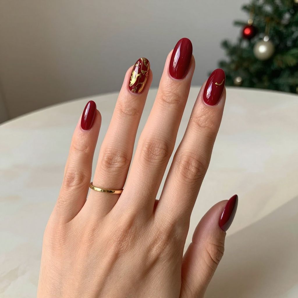 Red And Gold Nail Ideas - Deep Red Nails With Gold Marble Swirls