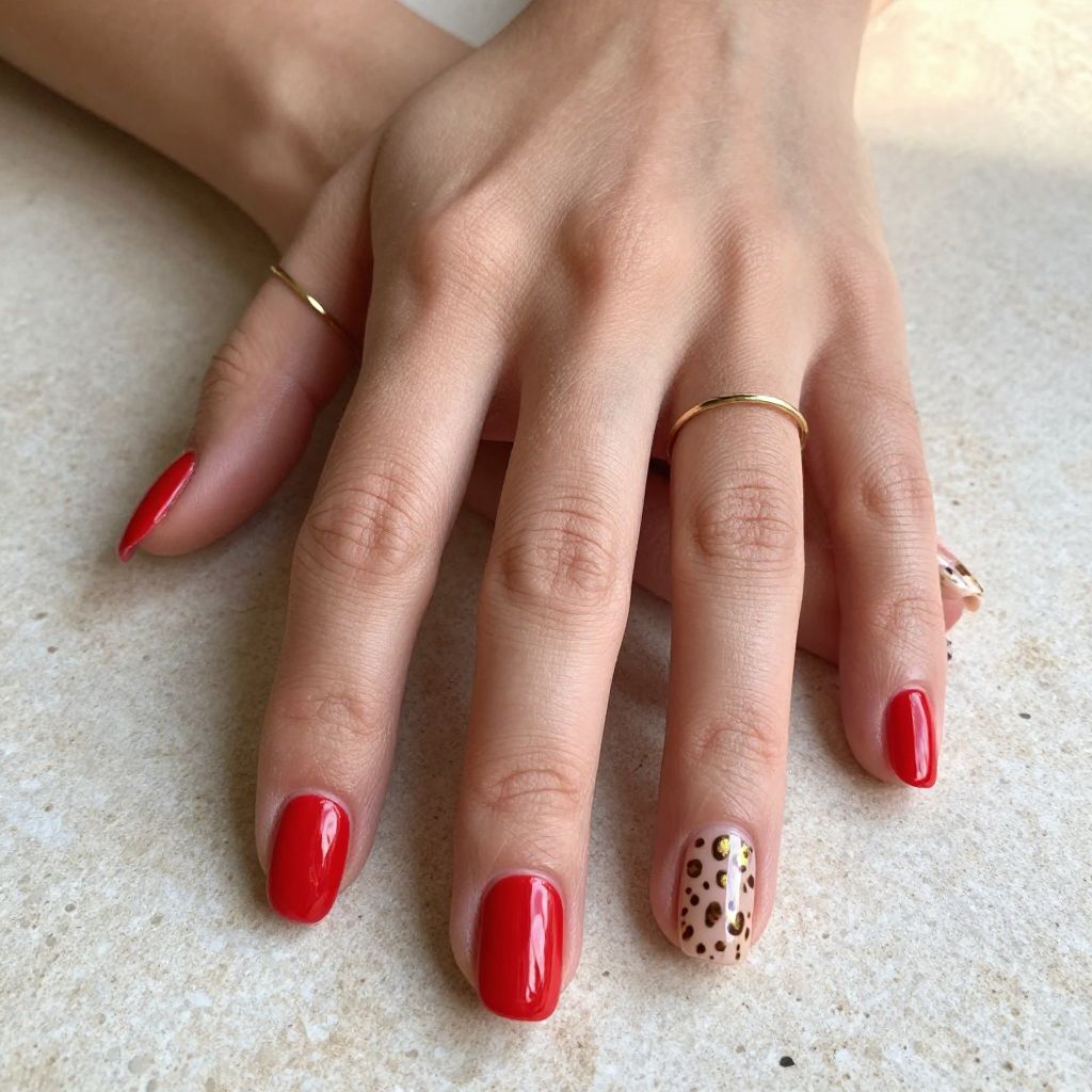 Red And Gold Nail Ideas - Bright Red Nails With Gold Leopard Accent