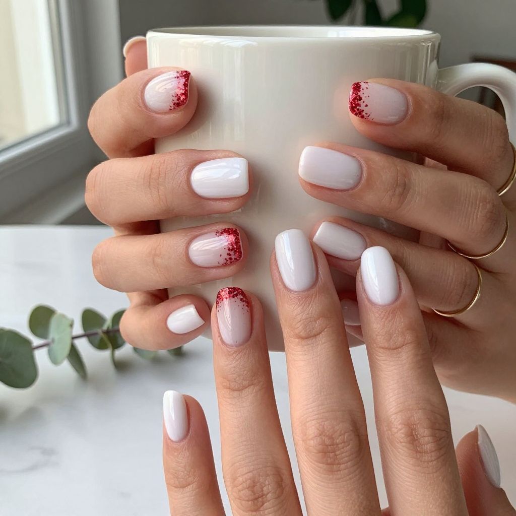 Red Glitter Accent Nails With White Base
