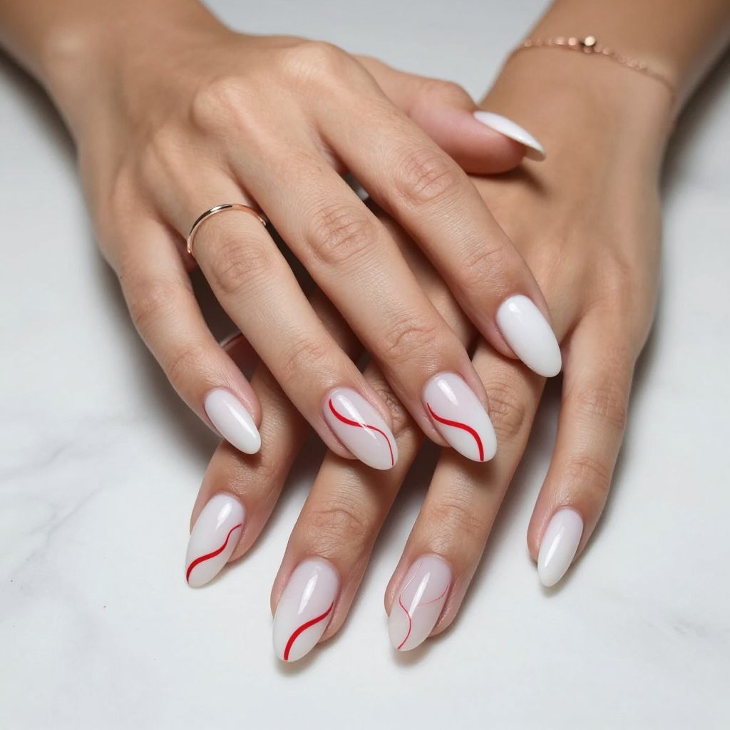 White Nails With Red Abstract Lines