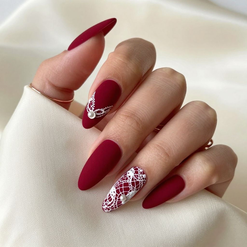 Luxe Red Velvet Nails With White Details