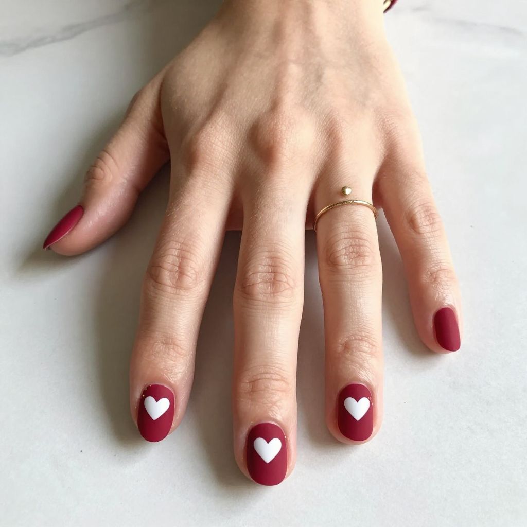 Matte Red Nails With White Hearts