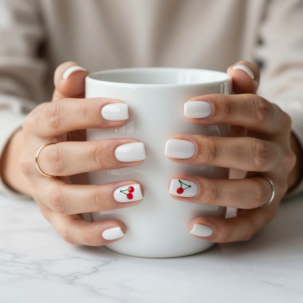 White Nails With Red Cherry Accent Art