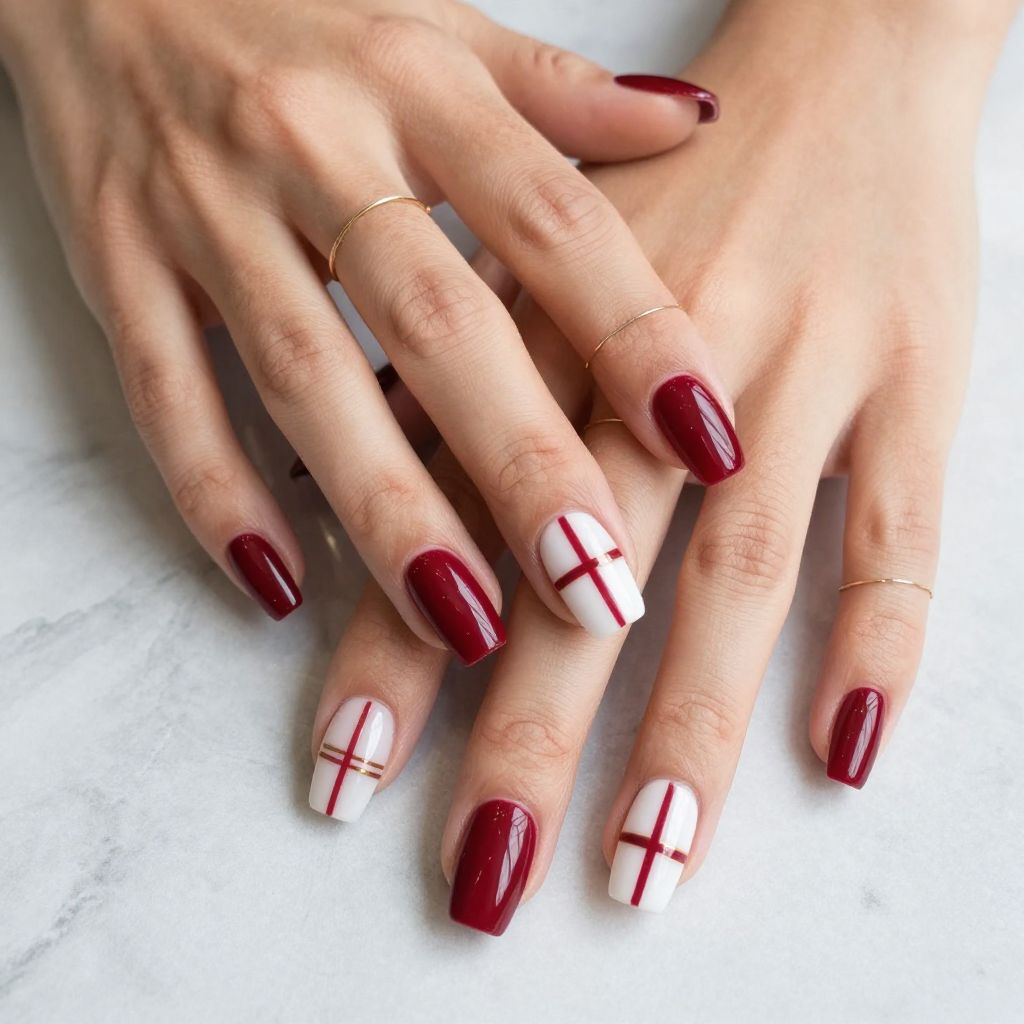 Red Plaid Accent Nails