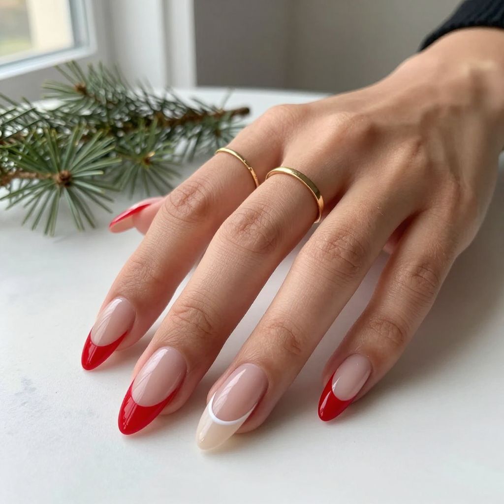 Red and nude negative space Christmas nail idea