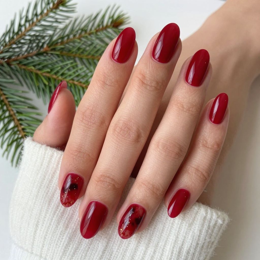 Red tortoiseshell accent Christmas nail idea