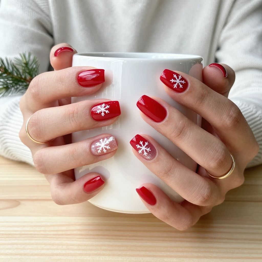 Red snowflake Christmas nail idea