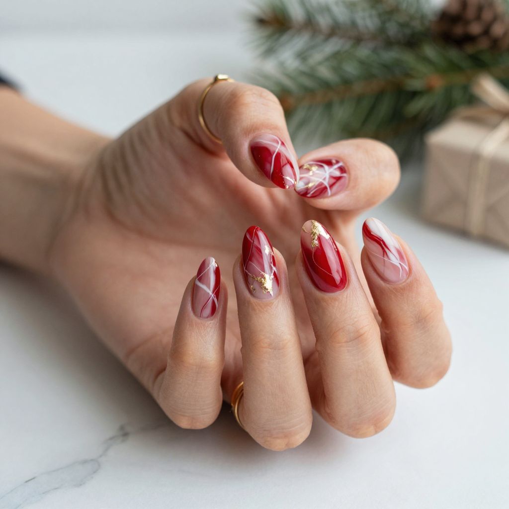 Red marble swirl Christmas nail idea