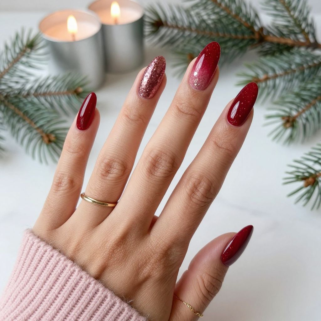 Red sparkle ombré Christmas nail idea