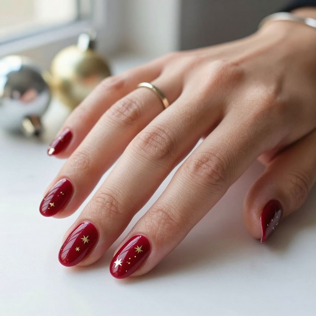 Red and gold starry Christmas nail idea