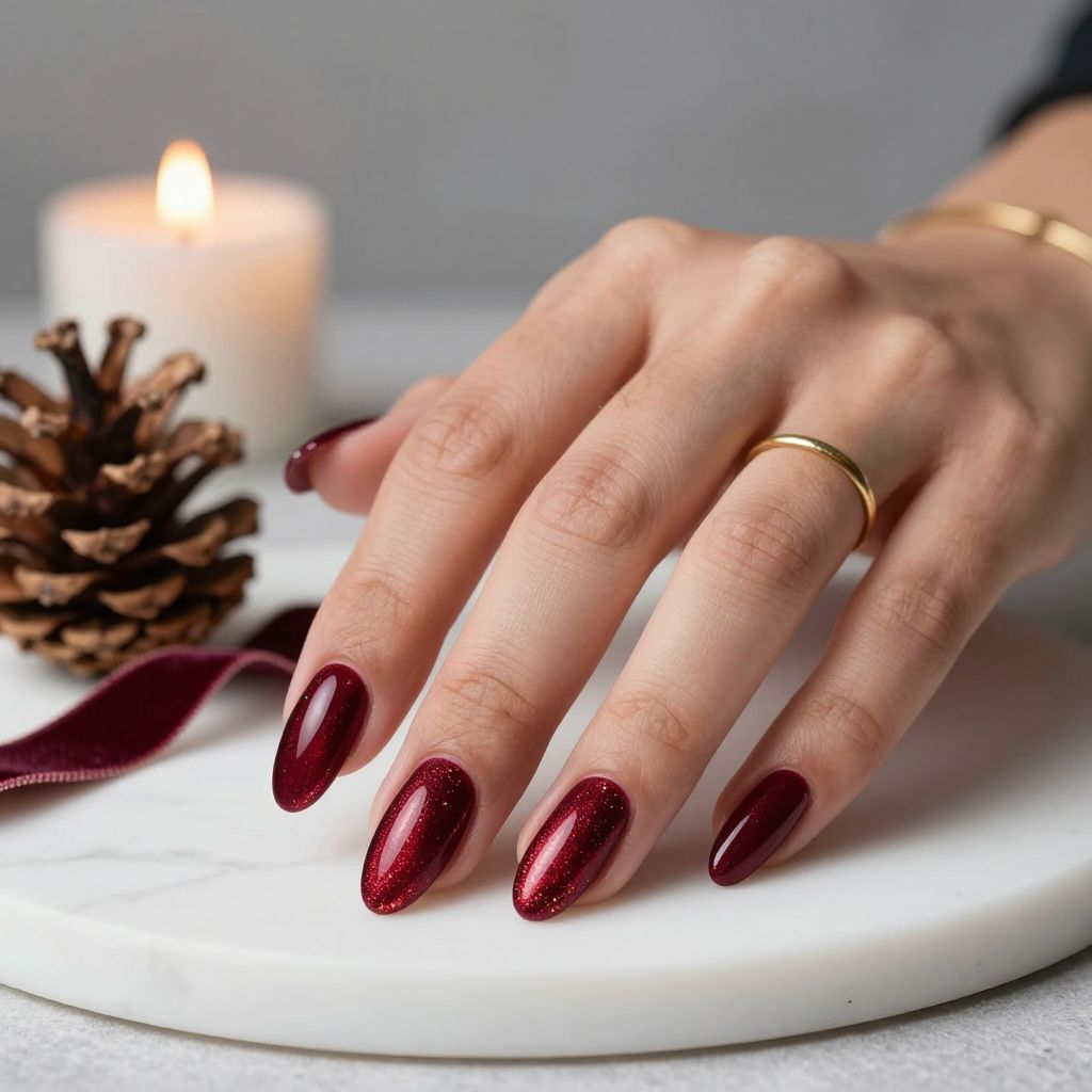 Deep wine velvet red Christmas nail idea
