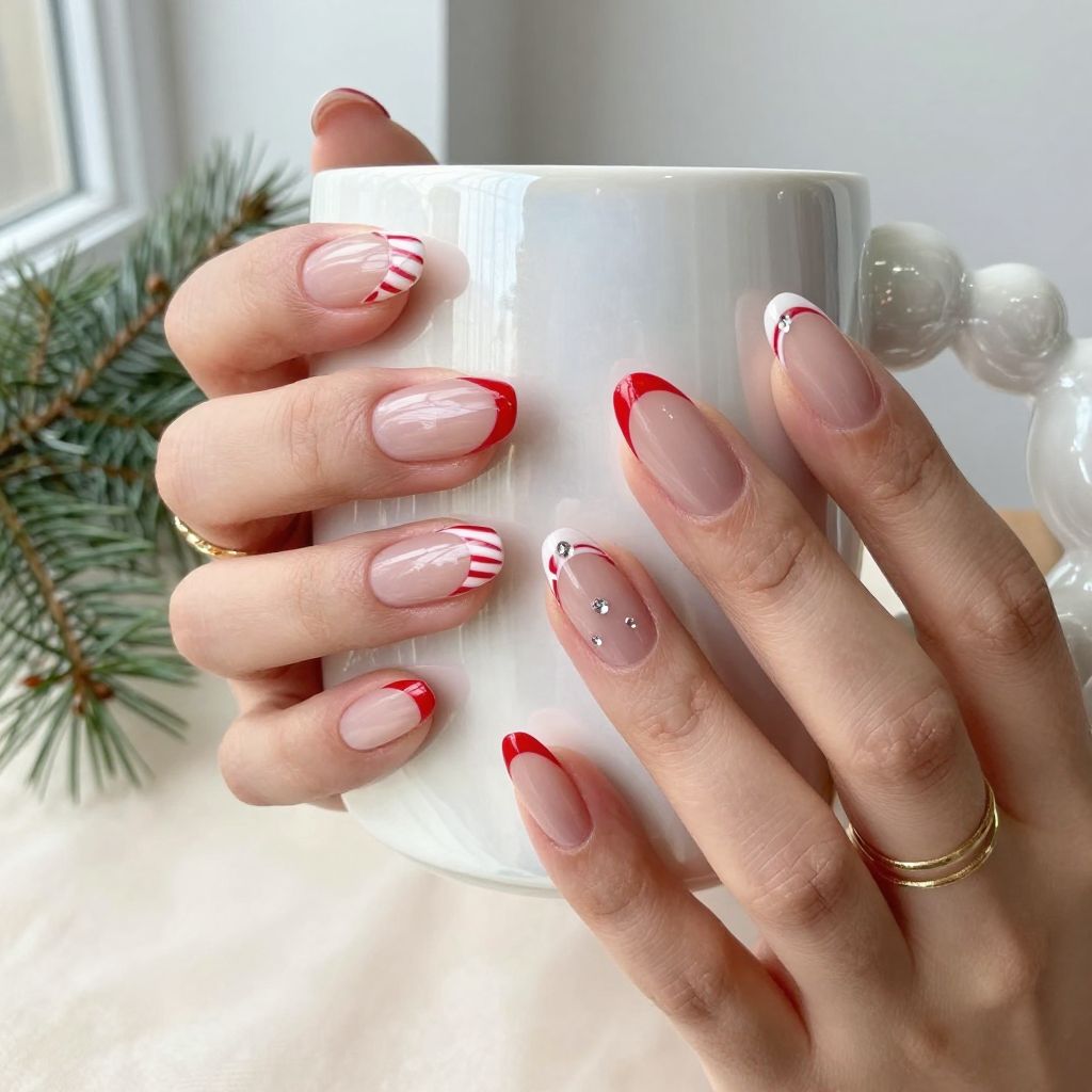 Red and white candy stripe tip red Christmas nail idea
