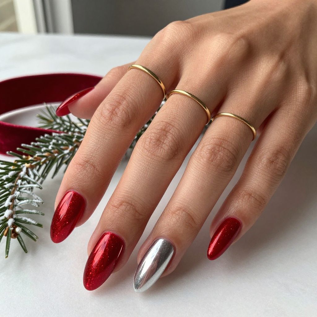 Red velvet chrome Christmas nail idea