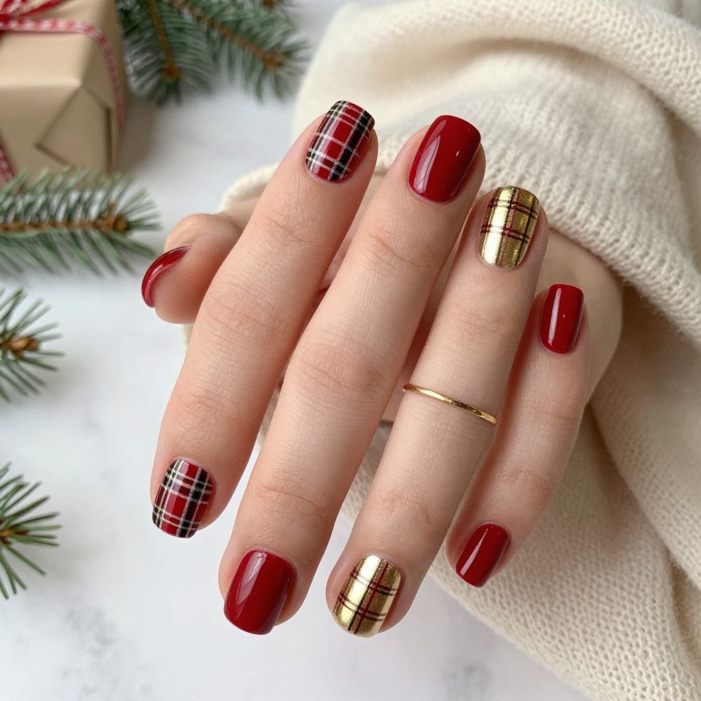 Red plaid holiday nail idea
