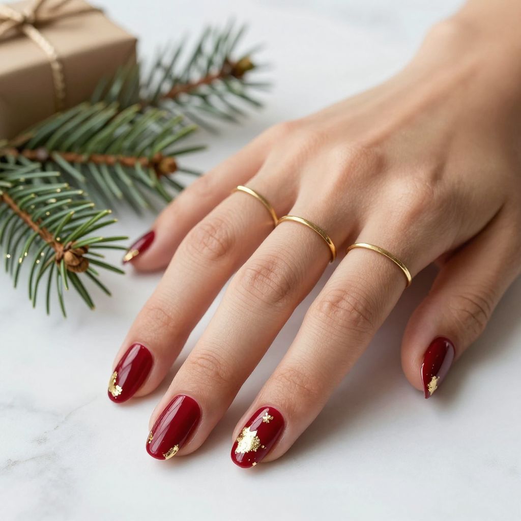 Red nails with gold foil Christmas nail idea