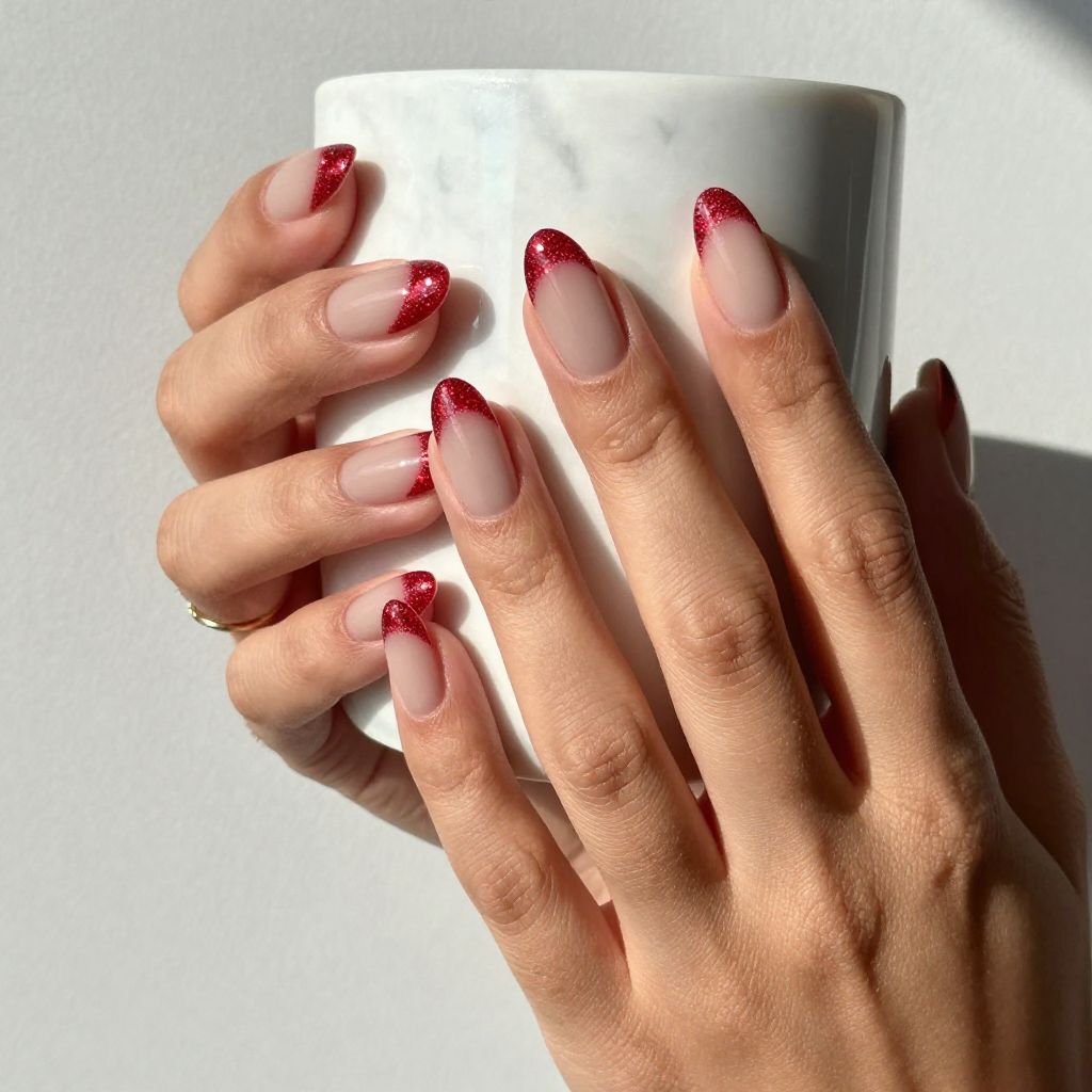 Red Glitter Tips with Nude Base