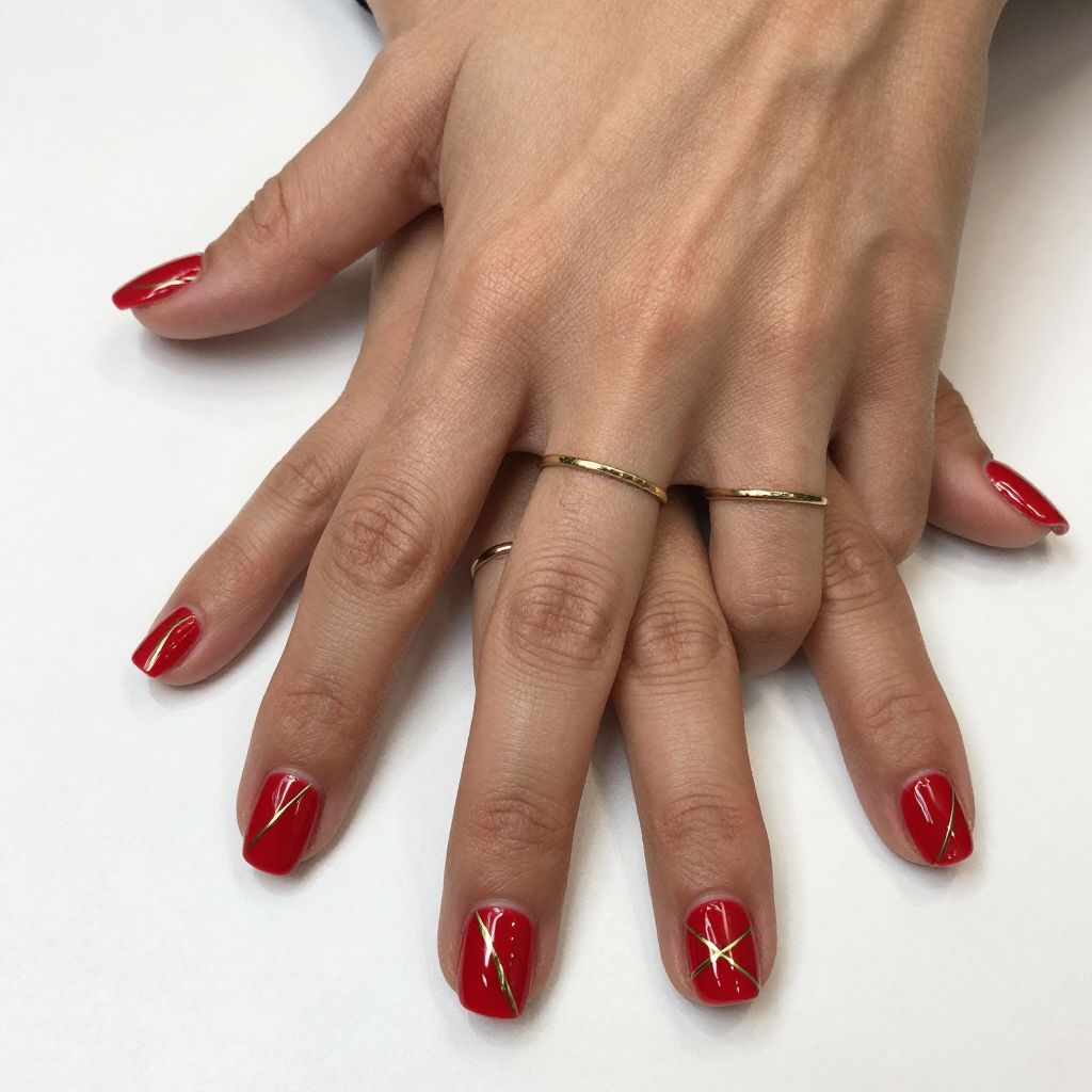 Red and Gold Geometric Nails