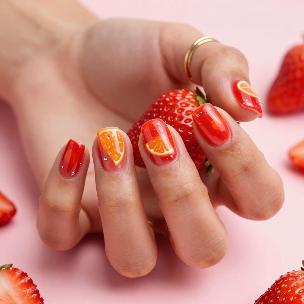 Red Jelly with Fruit Slices Nails