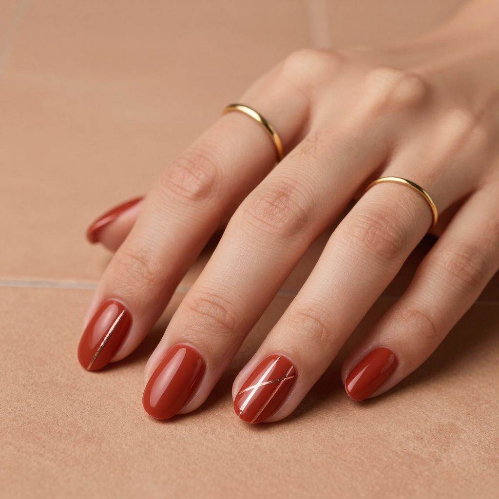 Metallic Rose Gold Lines on Rust Red Nails