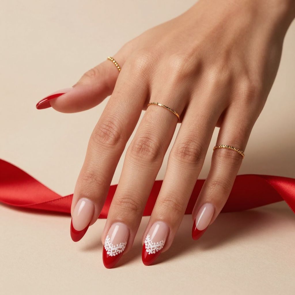 Crimson French with Lace Cuticle Detail Nails