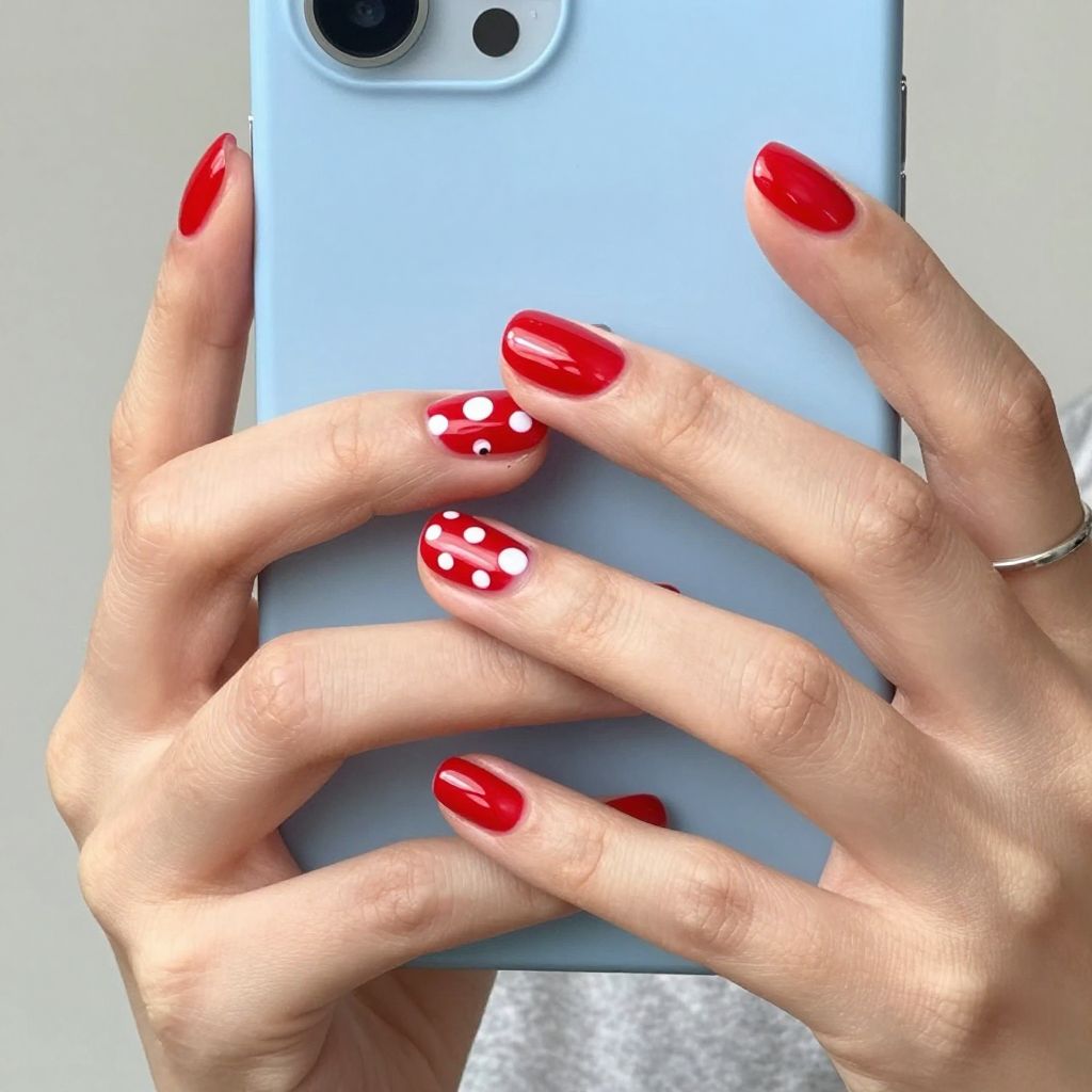 Pop Art Dots on Tomato Red Nails