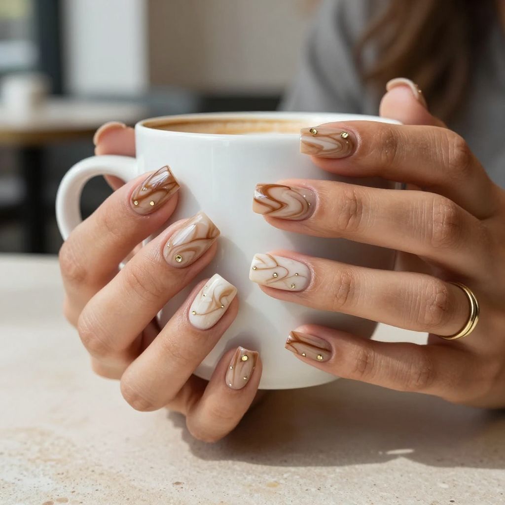 Mocha Marble Glam rhinestone nails