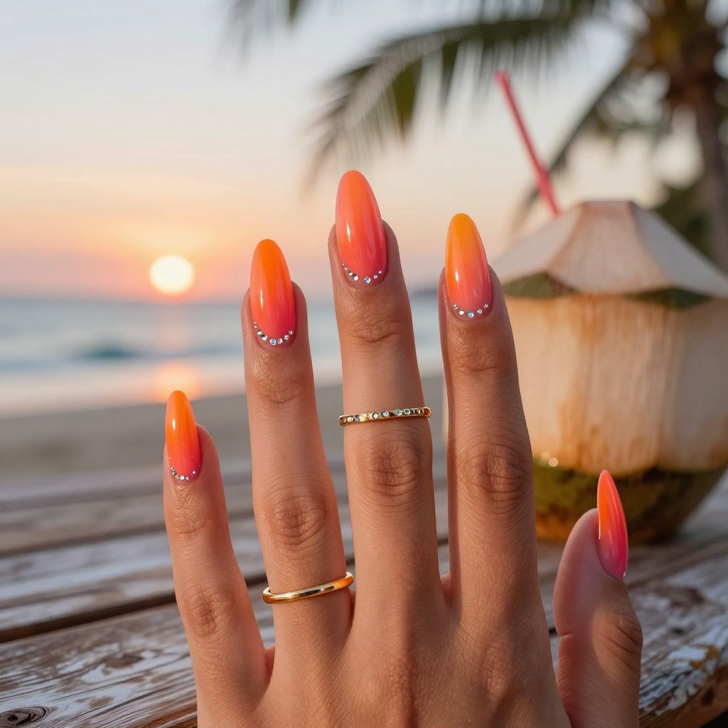 Tropical Sunset Fade rhinestone nails