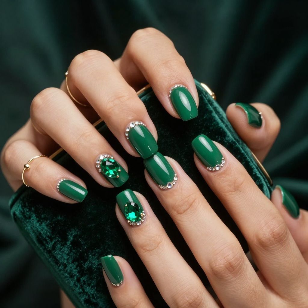 Emerald Crown Cuticle rhinestone nails
