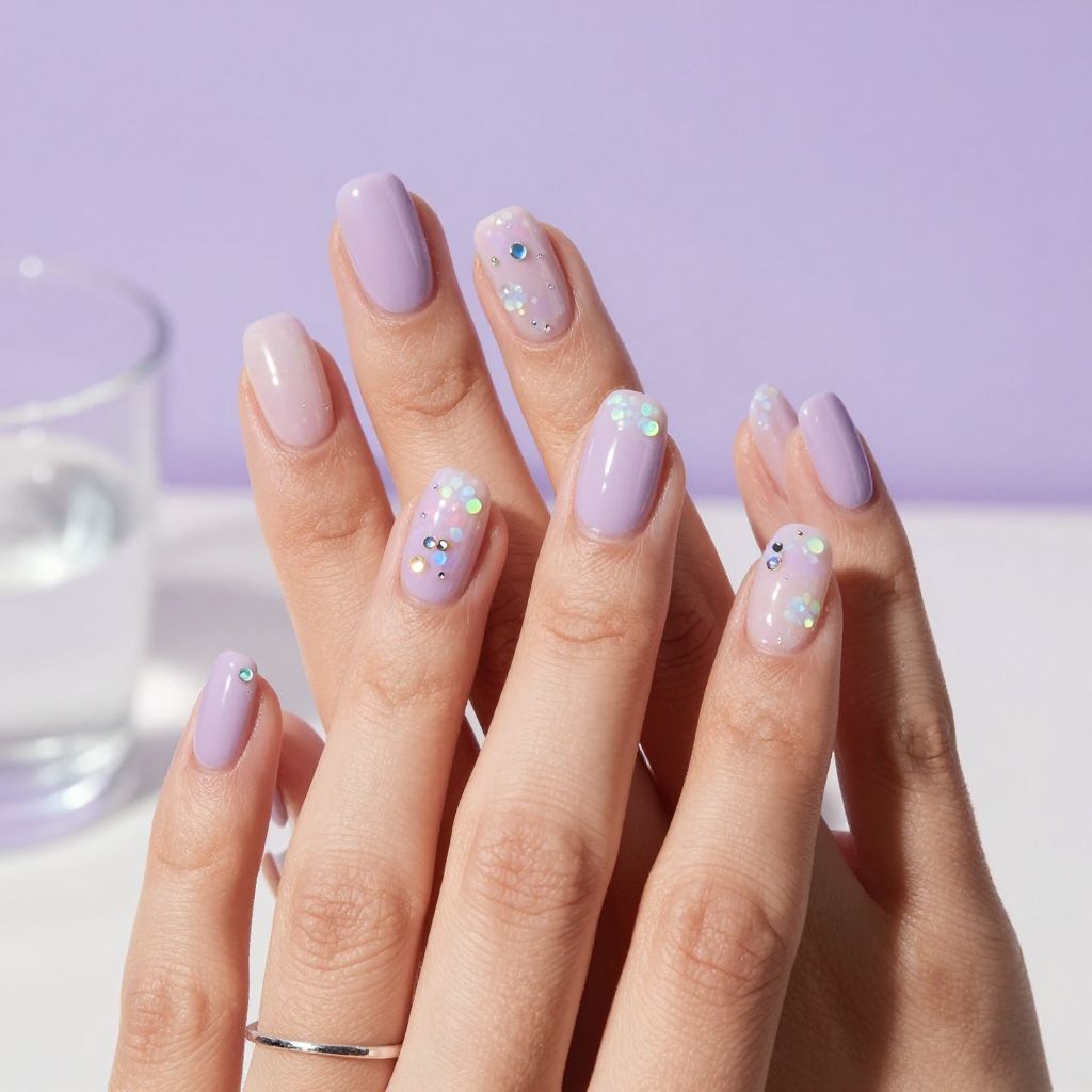Lavender Dream Cloud rhinestone nails