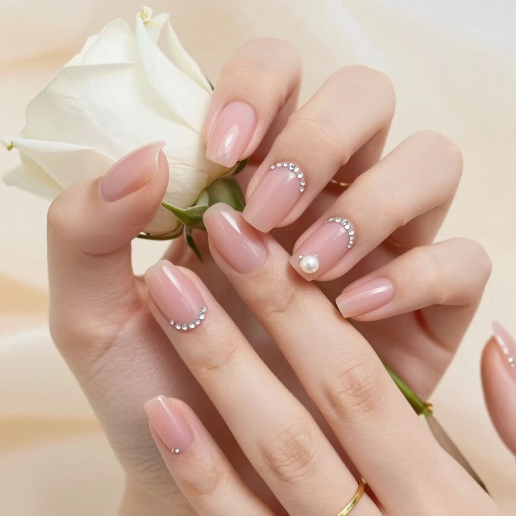 Blush Bride Chic rhinestone nails