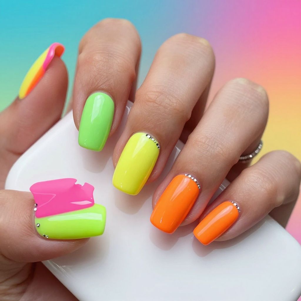 Neon Pop Edges rhinestone nails