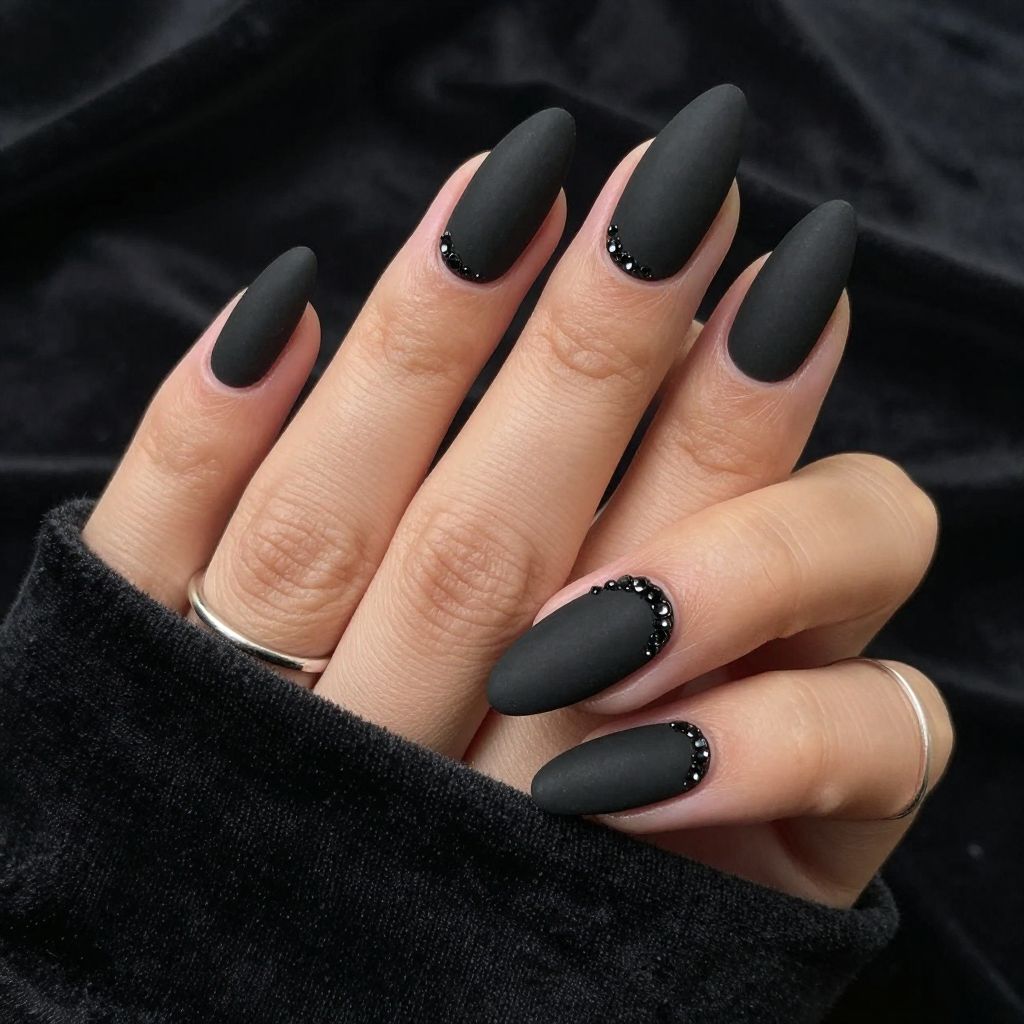 Matte Black Luxe rhinestone nails