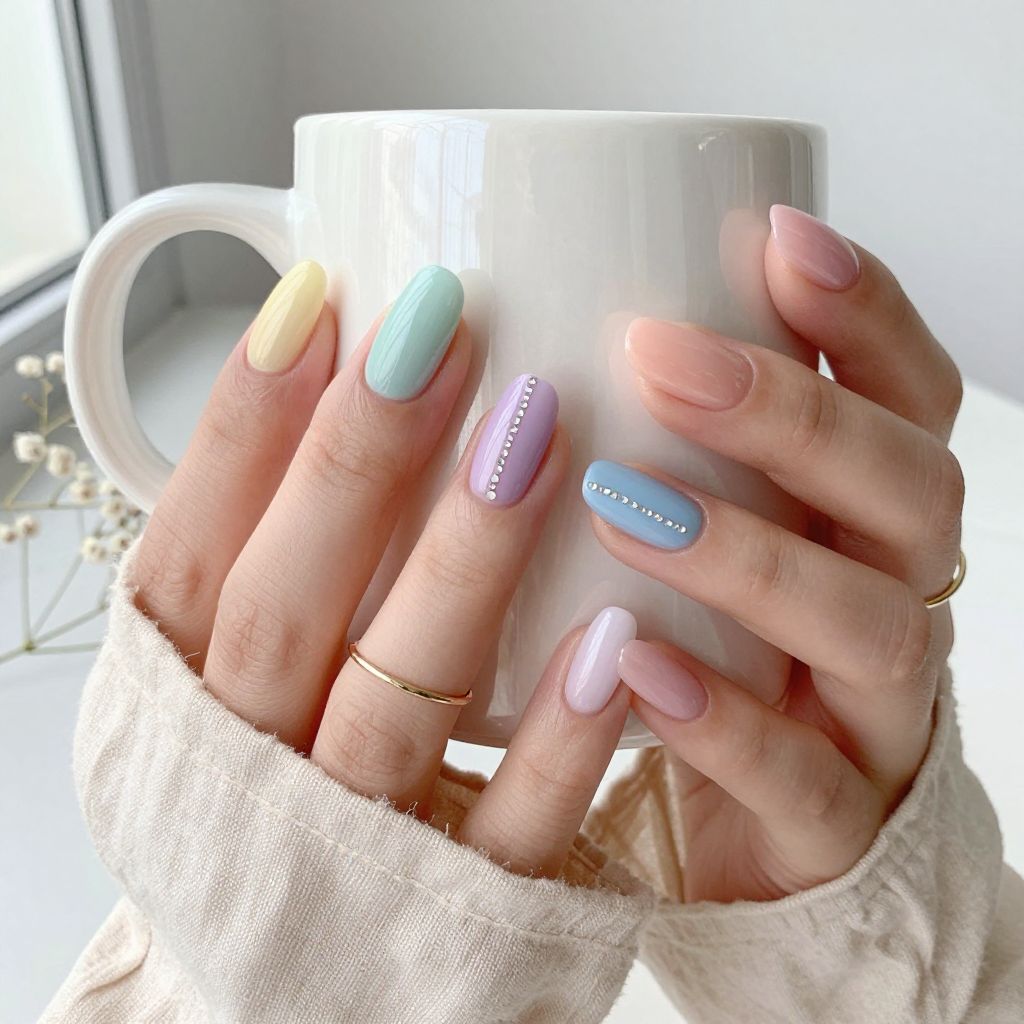 Pastel Rainbow Stripe rhinestone nails