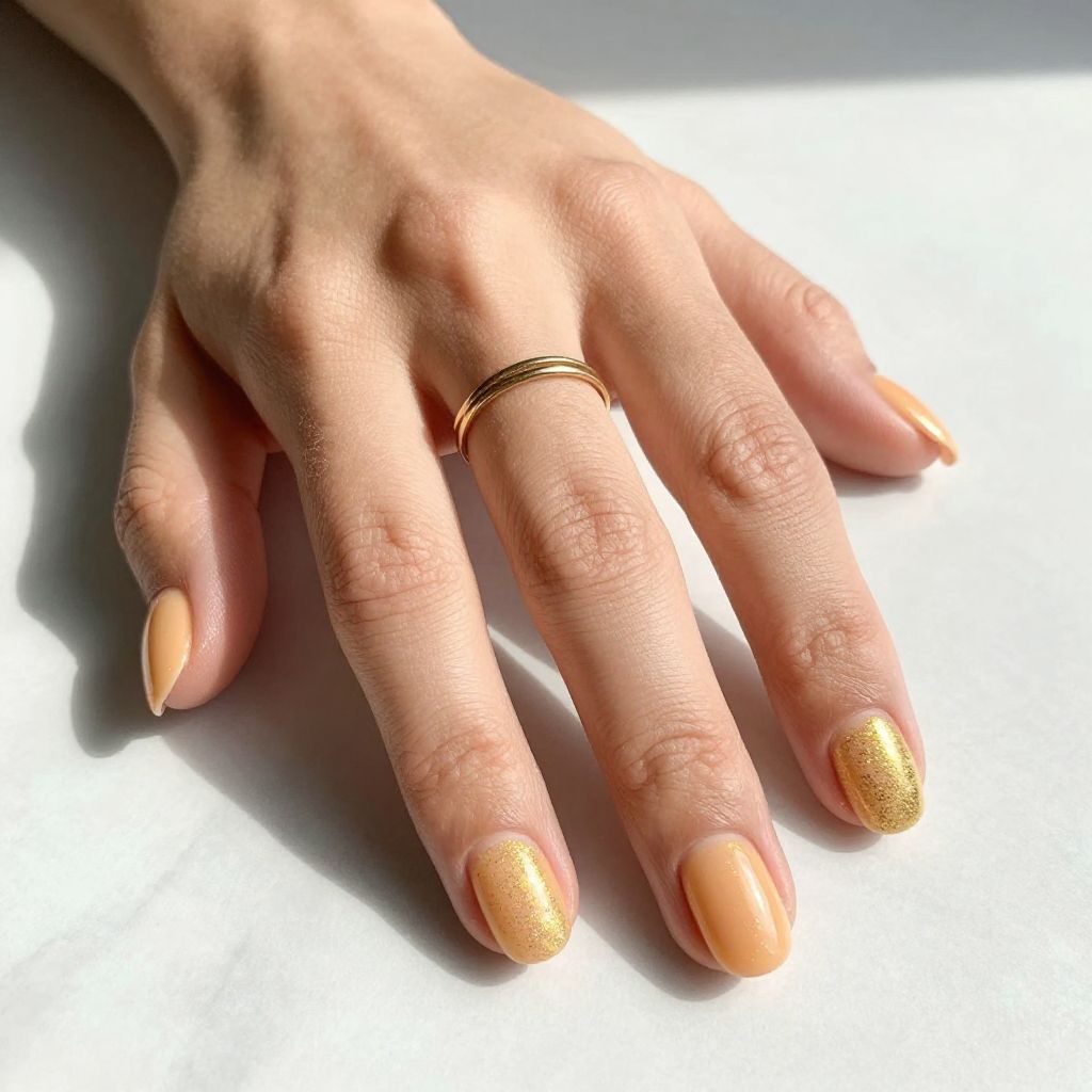 Peach Round Nails with Gold Glitter Fade