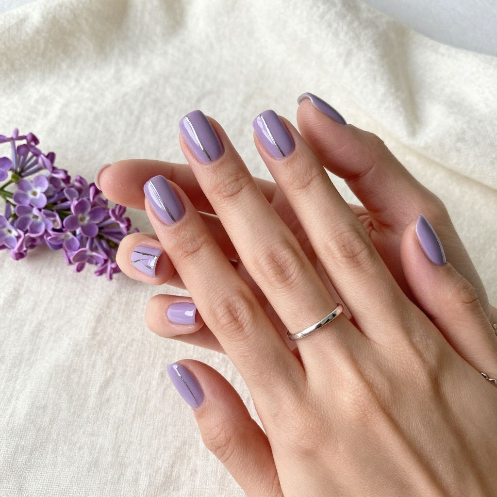 Lavender Round Nails with Silver Accent Lines