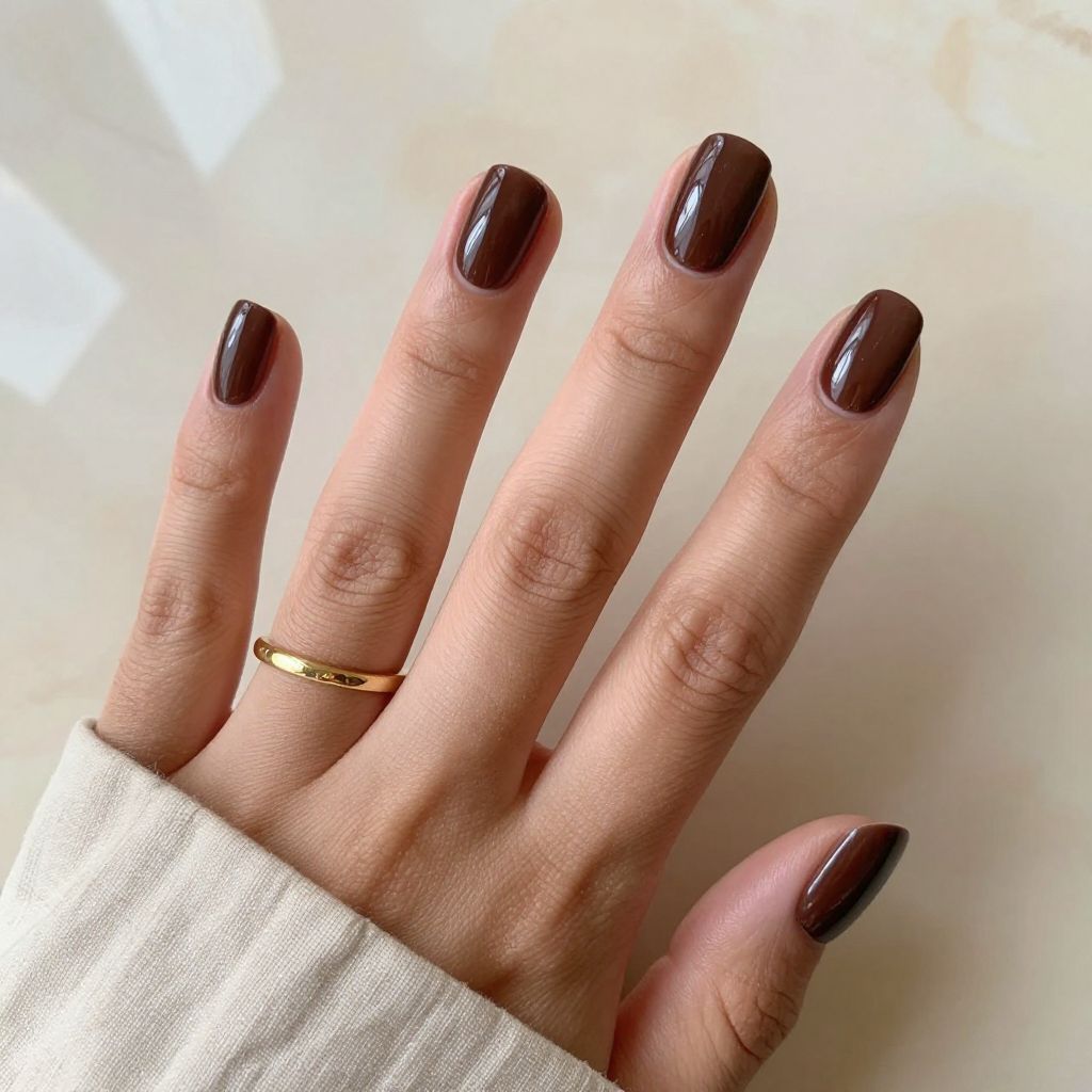 Chocolate Brown Round Nails with Glossy Depth