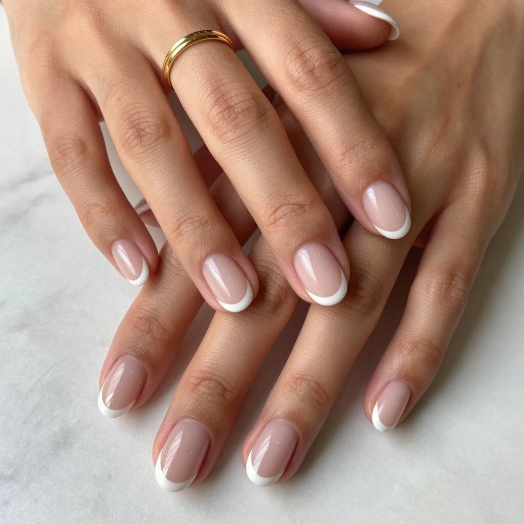 French Tip Round Nails with Thin White Lines
