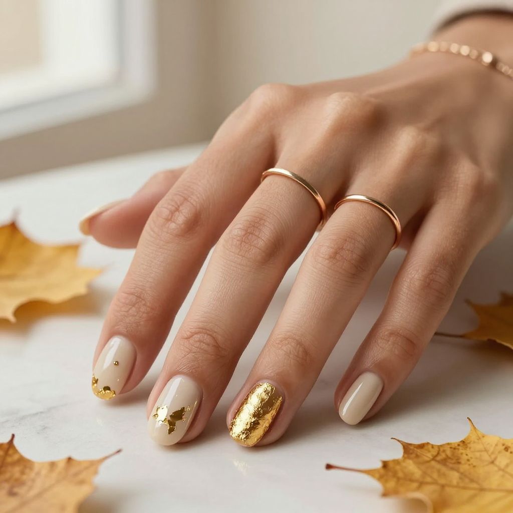 Creamy Beige Round Nails with Gold Foil