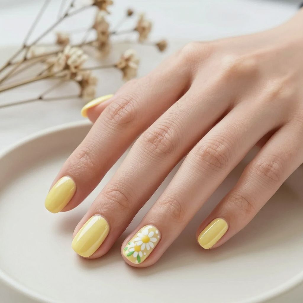 Pastel Yellow Round Nails with Tiny Florals
