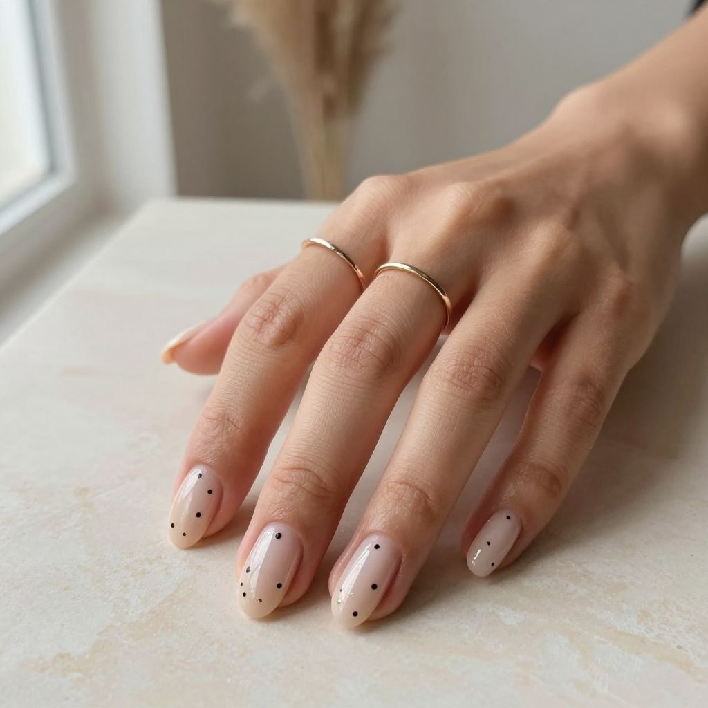 Nude Round Nails with Minimal Dot Art