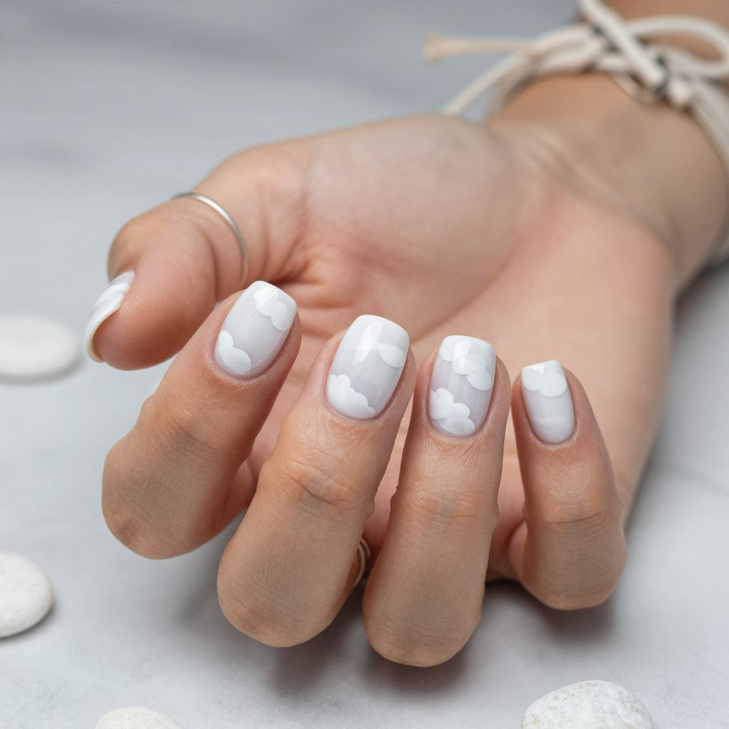 White Round Nails with Soft Cloud Art